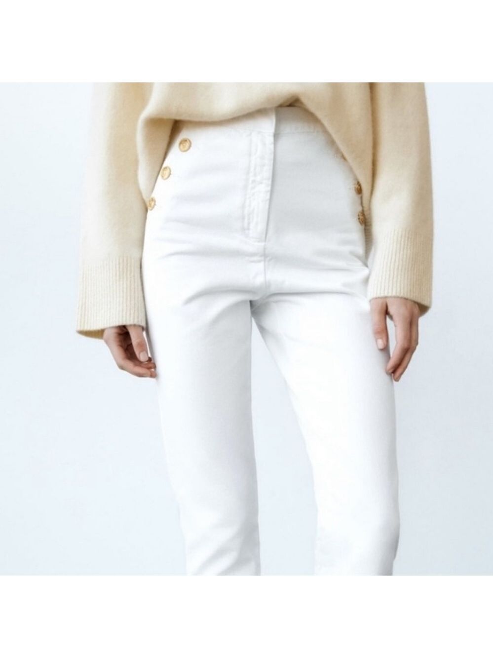 NWT Zara Gold Button Straight Leg White Jeans - Picture 9 of 11